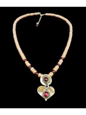 Garnet Pearl Bead Necklace Sterling  Modernist Heart Pendant Boat Hallmark